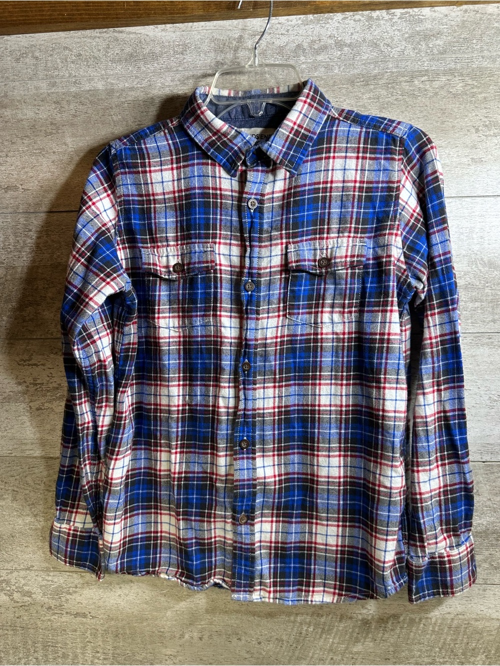 Lands' End Boys Blue Red White Plaid Flannel Shirt Size Large 14/16